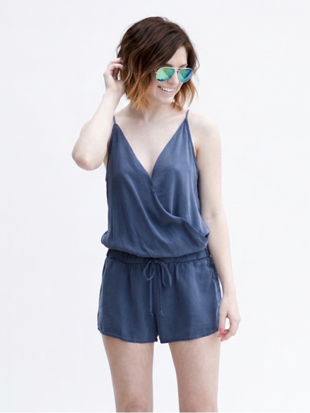 BELLA DAHL Navy Denim Blue Chambray Sleeveless Romper Jumper Jumpsuit Medium